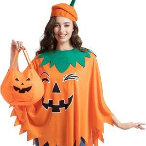Adults' Glow-In-The-Dark Pumpkin Costume 3 Pcs - Poncho, Beret, Tote Size L